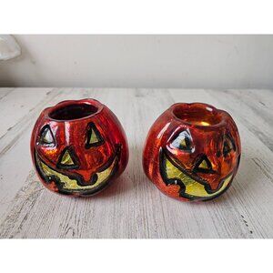 Crackle glass pumpkin jack-o'-lantern votive candle holder‎ Halloween decor set